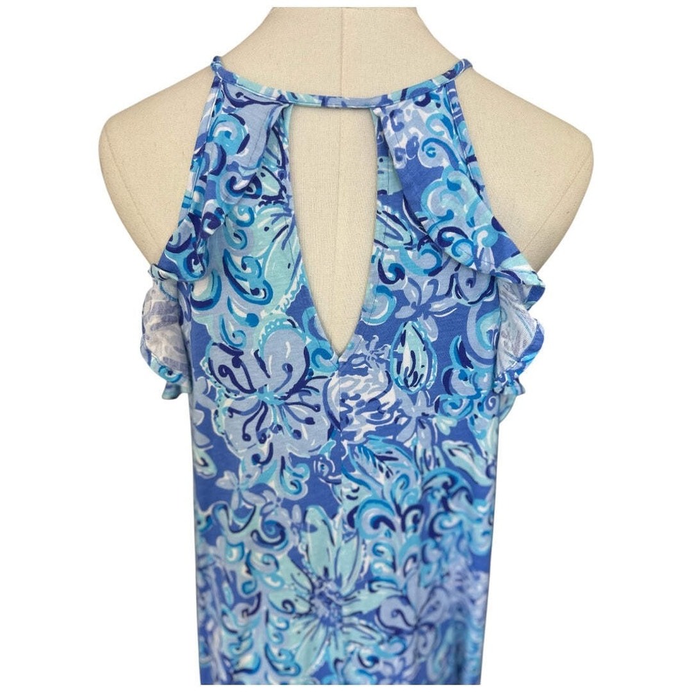 Lilly Pulitzer Etta V-Neck Dress Blue Floral  Pima Cotton Ruffle Medium